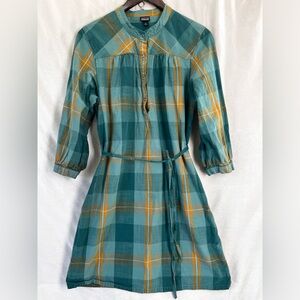 Patagonia Settlers Dress Size 8 Green Plaid Belted Organic Cotton Pockets Casual